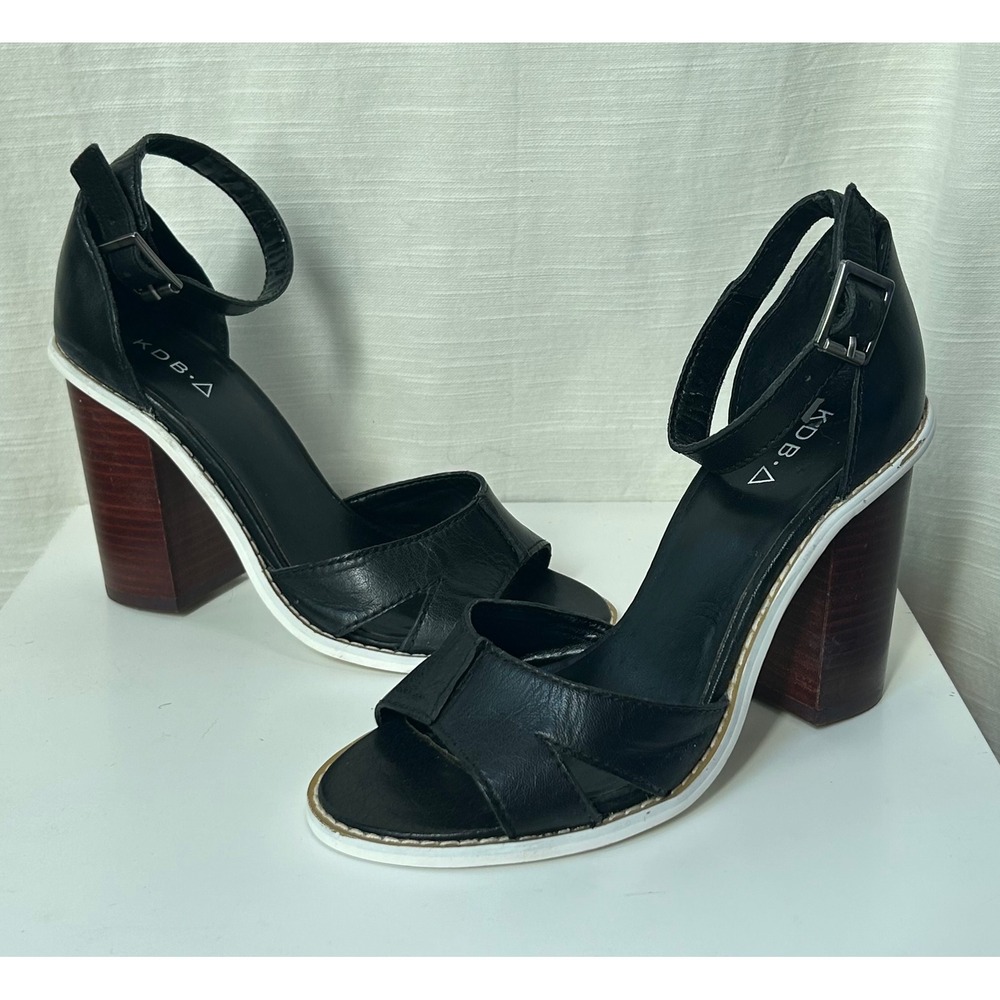 Kelsi Dagger Brooklyn KDB Black Leather Ankle Strap Block Heel Sandals Size 7M
